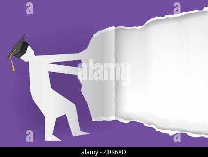 Laureato strappato sfondo di carta viola. Immagine della silhouette di carta con carta strappata per cartellone. Modello per l'annuncio delle graduazioni. Illustrazione Vettoriale