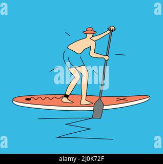 Divertente principiante su paddleboard, cartone animato. Semplice illustrazione stilizzata di un uomo divertente e spaventato con cappello a cavallo su una tavola da paddleboard. T-shirt design. Vettore ava Illustrazione Vettoriale