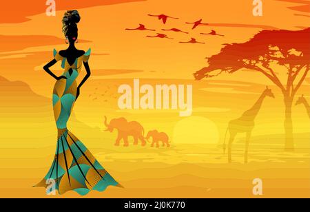 Sfondo donna africana, tramonto in Africa con le silhouette di albero di acacia, giraffa, elefante e fenicottero. Batik savana safari banner, Afro WO Illustrazione Vettoriale