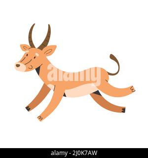 Cute antilope sorridente e salta, animale africano selvaggio e espressione facciale, illustrazione vettoriale isolata Illustrazione Vettoriale