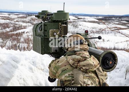 Fort Greely, Stati Uniti. 18th Mar 2022. SPC paracadutista dell'esercito degli Stati Uniti. Brody Foreman, con Spartan Brigade, effettua un'indagine sul paesaggio artico con un sistema di acquisizione Target migliorato prima di lanciare il missile ANTITARRO DURANTE l'esercizio Joint Pacific multinazionale Readiness Center 22-02, 18 marzo 2022 a Fort Greely, Alaska. Credito: SGT. Seth LaCount/U.S. Army/Alamy Live News Foto Stock