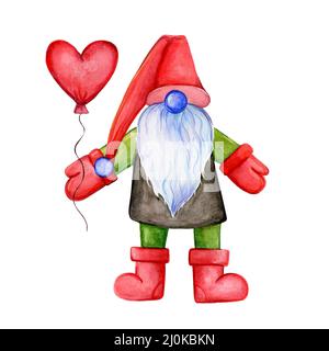 GNOME con una palla a forma di cuore. Illustrazione acquerello Foto Stock
