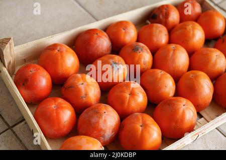 Persimmons arancio maturo in un cassetto. La consistenza dello sfondo è da frutto di persimmon. Foto Stock