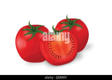 Pomodori freschi rossi con steli verdi isolati su sfondo bianco, illustrazione vettoriale Illustrazione Vettoriale