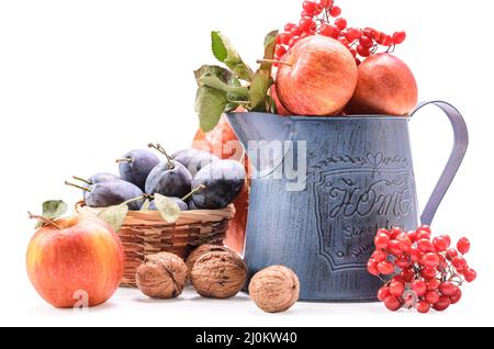 Mele in una brocca da giardino e altri frutti su sfondo bianco con ombra morbida Foto Stock