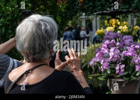 La gente visita l'annuale spettacolo delle orchidee di primavera al Giardino Botanico di New York il 19 marzo 2022. Lo spettacolo di quest'anno è stato creato dal designer Jeff Leatham, famoso direttore artistico del Four Seasons Hotel George V di Parigi e designer floreale per le stelle. Lo spettacolo si chiama caleidoscopio di Jeff Leatham. Le persone che entrano nel Conservatorio sono ancora consigliate di indossare maschere a causa della pandemia COVID-19. Gli spettacoli di Orchid sono stati cancellati per due anni a causa di una pandemia e sono ritornati in pieno swing quest'anno. (Foto di Lev Radin/Sipa USA) Foto Stock