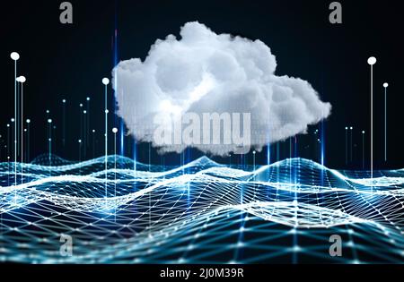 Concetto di tecnologia di cloud computing con cloud di rendering 3d con connessione digitale Foto Stock