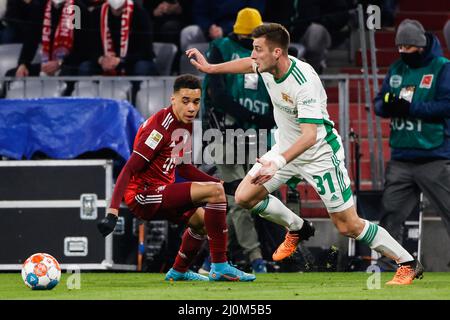 Monaco di Baviera, Germania. 19th Mar 2022. Jamal Musiala (L) del Bayern Munich vies con Robin Knoche dell'Union Berlin durante una partita tedesca Bundesliga tra Bayern Munich e 1.FC Union Berlin a Monaco di Baviera, Germania, 19 marzo 2022. Credit: Philippe Ruiz/Xinhua/Alamy Live News Foto Stock