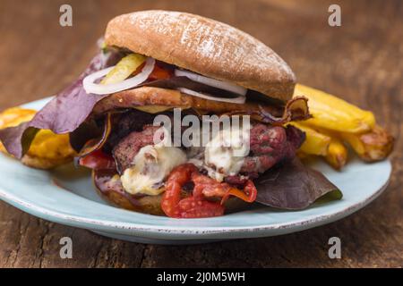 Hamburger di maiale tirato mit Pommes Frites Foto Stock