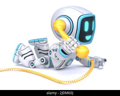 Robot blu carino per cuffie telefoniche gialle 3D Foto Stock