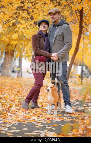 Coppia elegante circa 40 anni su una passeggiata nel Parco Fall con il loro Dog Bigley. Stanno camminando il Pooch nel Morni d'autunno Foto Stock