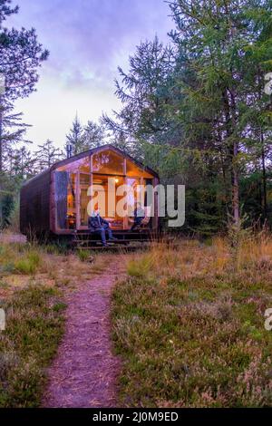 Capanna di legno nella foresta autunnale nei Paesi Bassi, cabina fuori griglia, cabina di legno cerchiata da colorati alberi di caduta gialli e rossi Foto Stock