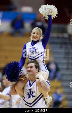 Bloomington, Stati Uniti. 19th Mar 2022. I leader del Kentucky Wildcat Cheer si acclamano contro Princeton durante il round 1 del NCAA 2022 Division 1 Women's Basketball Championship, presso la Simon Skjodt Assembly Hall di Bloomington. Princeton Beat Kentucky 69-62. (Foto di Jeremy Hogan/SOPA Images/Sipa USA) Credit: Sipa USA/Alamy Live News Foto Stock