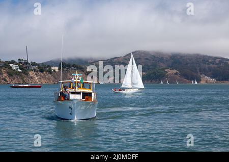 SAUSALITO, CALIFORNIA, Stati Uniti d'America - AGOSTO 6 : Cruiser a motore che si avvicina al porto turistico di Sausalito, California, Stati Uniti d'America il 6 agosto 2011. Un Foto Stock