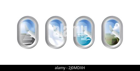 Finestre dell'aeroplano con vista esterna differente, pista, cielo, oceano e terra, illustrazione vettoriale Illustrazione Vettoriale