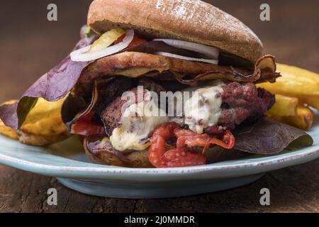 Hamburger di maiale tirato mit Pommes Frites Foto Stock