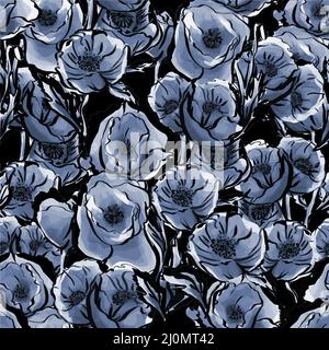 Motivo senza cuciture di fiori blu acquerello su sfondo nero. Foto Stock