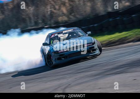 Middlesbrough, Regno Unito. 20th Mar 2022. Mitch Gibbons Nissan S14 Teeside Autodrome, Middlesbrough, Regno Unito il 20 marzo 2022 durante il round 1 del British Drift Championship 2022, Craig McAllister Credit: Every Second Media/Alamy Live News Foto Stock