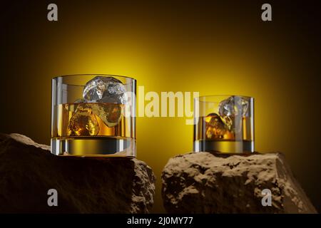 Due bicchieri Whiskey con cubetti di ghiaccio sulle rocce - 3D Illustrazione Foto Stock