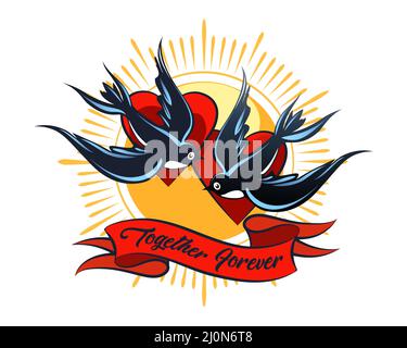 Tatuaggio di Swallows in the Sky e Banner con la formulazione insieme per sempre isolato su bianco. Illustrazione vettoriale. Illustrazione Vettoriale