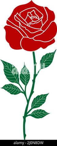 Vettore rosa con ramo astratto e foglie frastagliate in rosso e verde scuro. Sfondo bianco isolato. Illustrazione di ramo di rosa con punte. Illustrazione Vettoriale