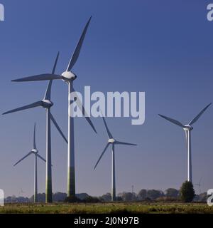 Wind turbines in marshland, Krummhoern, East Frisia, Lower Saxony, Germany, Europe Stock Photo