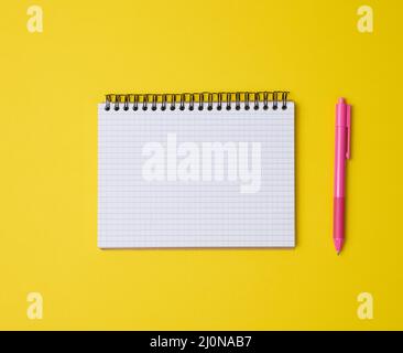 Aprire il notebook in una gabbia con un foglio bianco e su uno sfondo giallo, vista dall'alto Foto Stock