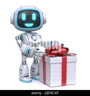 Robot blu carino che mostra la confezione regalo 3D Foto Stock