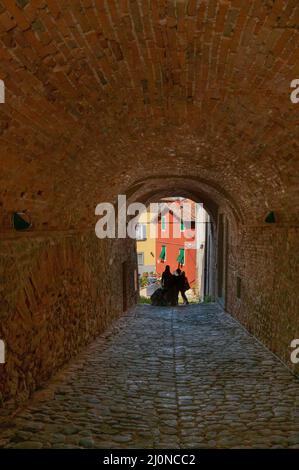Un'antica passerella coperta nel centro storico di Montecarlo, Lucca, Italia Foto Stock