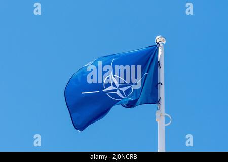 Bandiera della NATO sullo sfondo del cielo chiaro Foto Stock