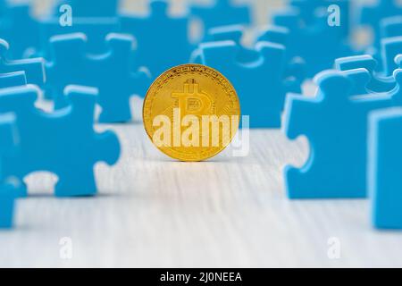 Golden Bitcoin circondato da pezzi di puzzle Foto Stock