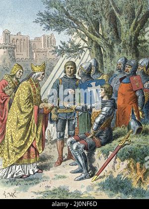 "Bertrand Du Guesclin recoit des Mains du legat du Pape Urbain V la rancon qu'il demandait pour epargner Avignon, residence des papes, le 22 novembre 1366" (Après la paix de Guerande, De Grandes Compagies de bretons demobilizees apres des annees de guerres se livrerent au pillage et furent excommuniees par le Pape Urbain V - Elles camperent devant Avignon pour obtenir l'indulgence papale et une rancon pour lever le camp) (Bertrand Du Guesclin riceve dalle mani del legato di Papa Urbano V il riscatto che chiedeva di risparmiare Avignone, residenza dei papi, il 22 novembre 1366 - dopo il giorno Foto Stock