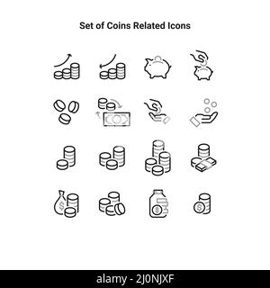 Semplice insieme di icone relative alle monete. Contiene icone come Coins Stack e donazione. Illustrazione Vettoriale