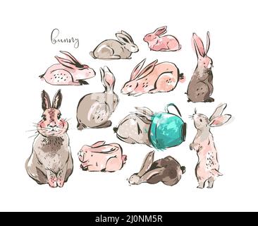 Disegno a mano vettore astratto inchiostro disegno grafico scandinavo felice Pasqua semplice bunny illustrazioni collezione set con collage a mano libera Illustrazione Vettoriale