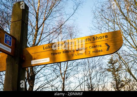 Direzione di legno paletti per gli escursionisti sulla pista ciclabile Nazionale 10 nella Foresta di Kielder Foto Stock