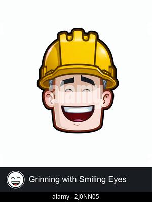 Icona di un operaio di costruzione faccia con Grinning con gli occhi sorridenti espressione emotiva. Tutti gli elementi su strati e gruppi ben descritti. Illustrazione Vettoriale