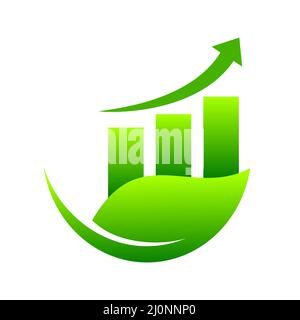 Grafico di avanzamento con un'icona a forma di foglia. Crescita dell'azienda con una freccia rivolta verso l'alto. Green eco finanza bar. Sistema di scambio del credito al carbonio. Investimento di successo. Vettore Illustrazione Vettoriale