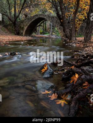 Paesaggio autunnale con fiume che scorre sotto un antico ponte in pietra Foto Stock