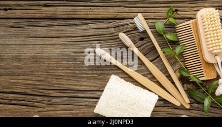 Spazzolini con vista dall'alto e spazio per la copia. Alta qualità e risoluzione bellissimo concetto di foto Foto Stock