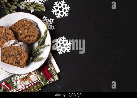 Vista dall'alto deliziosa festa di natale con torta e spazio per le copie. Alta qualità e risoluzione bellissimo concetto di foto Foto Stock