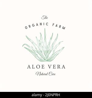 Modello di logo, simbolo o segno vettoriale astratto Aloe vera. Elegante Aloe Sillhouette disegnata a mano con tipografia retrò. Emblema vintage Luxury. Isolato. Illustrazione Vettoriale