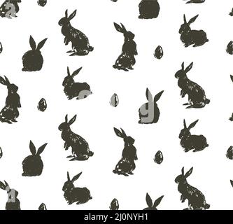 Disegno a mano vettore astratto schizzo grafico scandinavo a mano libera testurizzato collage moderno felice Pasqua carino semplice coniglietto, uova illustrazioni silhouette Illustrazione Vettoriale