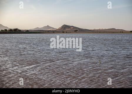 Paesaggio umido inusuale con un lago di livello basso in Mauritania Foto Stock