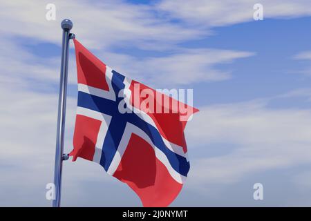 3D illustrazione della bandiera della Norvegia con un palo di bandiera nel cielo blu che ondola nel vento Foto Stock