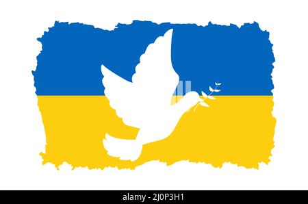 Pregate per l'Ucraina e fermatevi alla guerra. Colomba di pace volante con logo del ramo di oliva. Bandiera dell'Ucraina con una colomba di pace icona vettore. Illustrazione Vettoriale