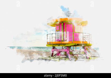 Illustrazione di pittura di acquerello della torre di bagnino in South Beach a Fort Lauderdale Florida, Stati Uniti Foto Stock