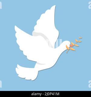 Pregate per l'Ucraina e fermatevi alla guerra. Colomba di pace volante con logo del ramo di oliva. Colomba pace simbolo. Illustrazione Vettoriale