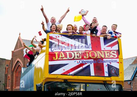 Celebrazione del 2012 vincitore olimpico di taekwondo Gold Jade Jones OBE a Flint, Galles del Nord Foto Stock