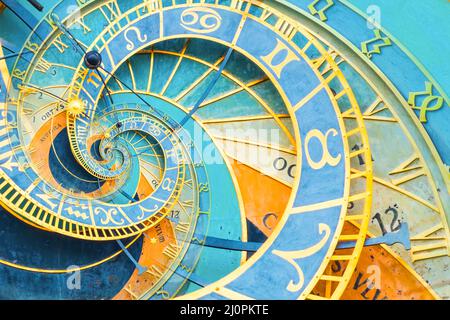 Sfondo effetto Droste basato sull'orologio astronomico di Praga. Disegno astratto per concetti legati all'astrologia e alla fantasia. Foto Stock