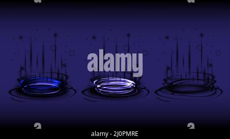 Collezione di scena oscura in HUD buco nero. Porta di ordito magico in fantasia di gioco. Podio del teleport Circle. Realtà virtuale. Hologram portale swirl di produzione Illustrazione Vettoriale